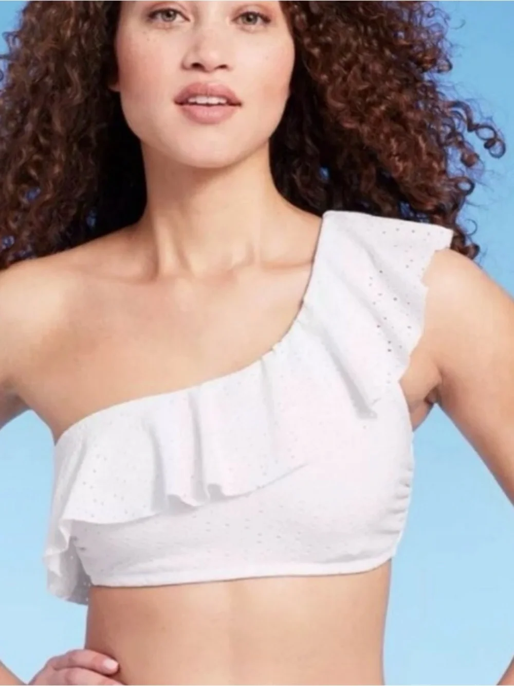 Kona Sol White Eyelet One Shoulder Ruffle‎ Bikini Top NWT